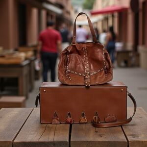 Cavalcanti Soft Italian Leather Studded Detail Bohemian Hobo Saddle Bag Brown